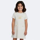فستان للبنات بالشعار باللون العاجي والذهبي  , 1, hi-res