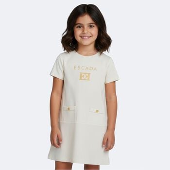 Girls Ivory & Gold Logo Dress