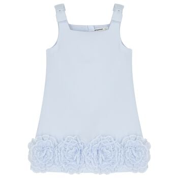 Girls Blue Crepe Floral Lace Dress