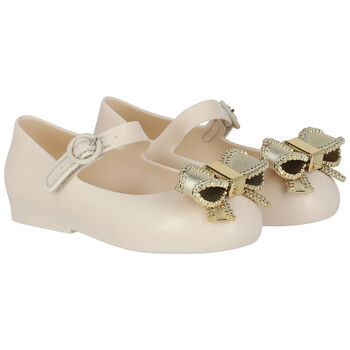 Younger Girls Beige & Gold Bow Jelly Shoes