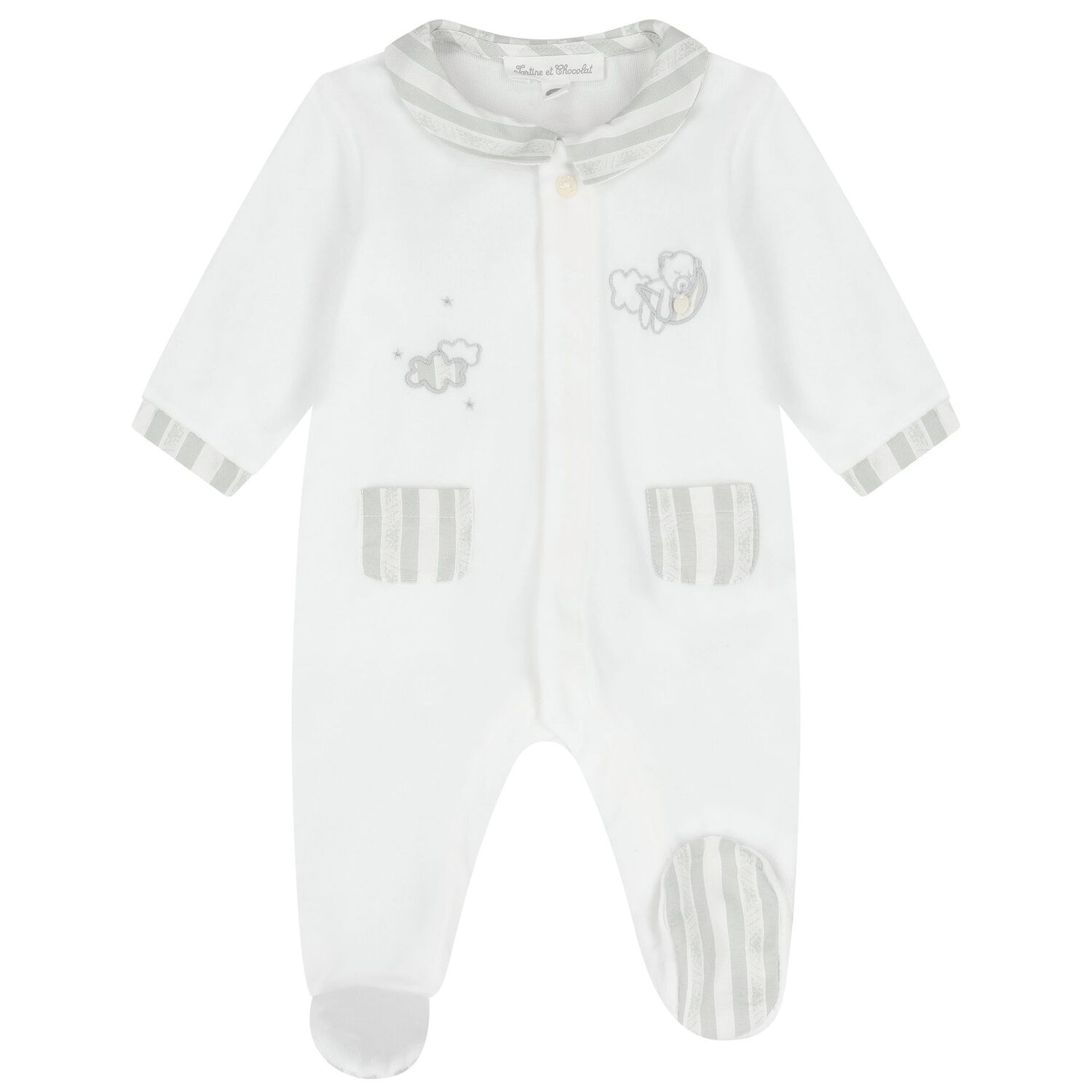 Baby Boys White & Grey Striped Collar Babygrow, 2, hi-res
