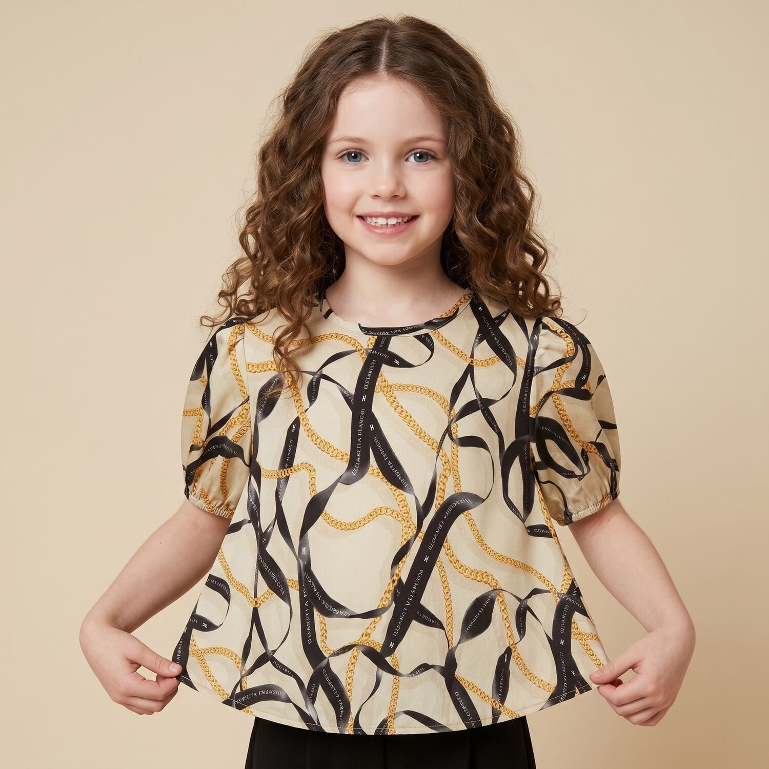 Girls Beige & Black Puffed Sleeve Top, 1, hi-res