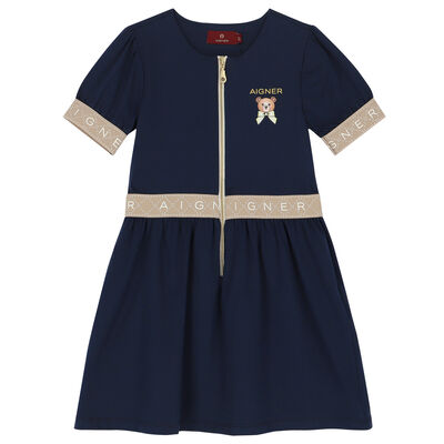 Girls Navy Bear Logo Zip Dress