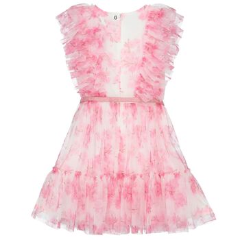 Girls White & Pink Floral Ruffled Dress