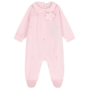 Baby Girls Pink Flower Velour Babygrow
