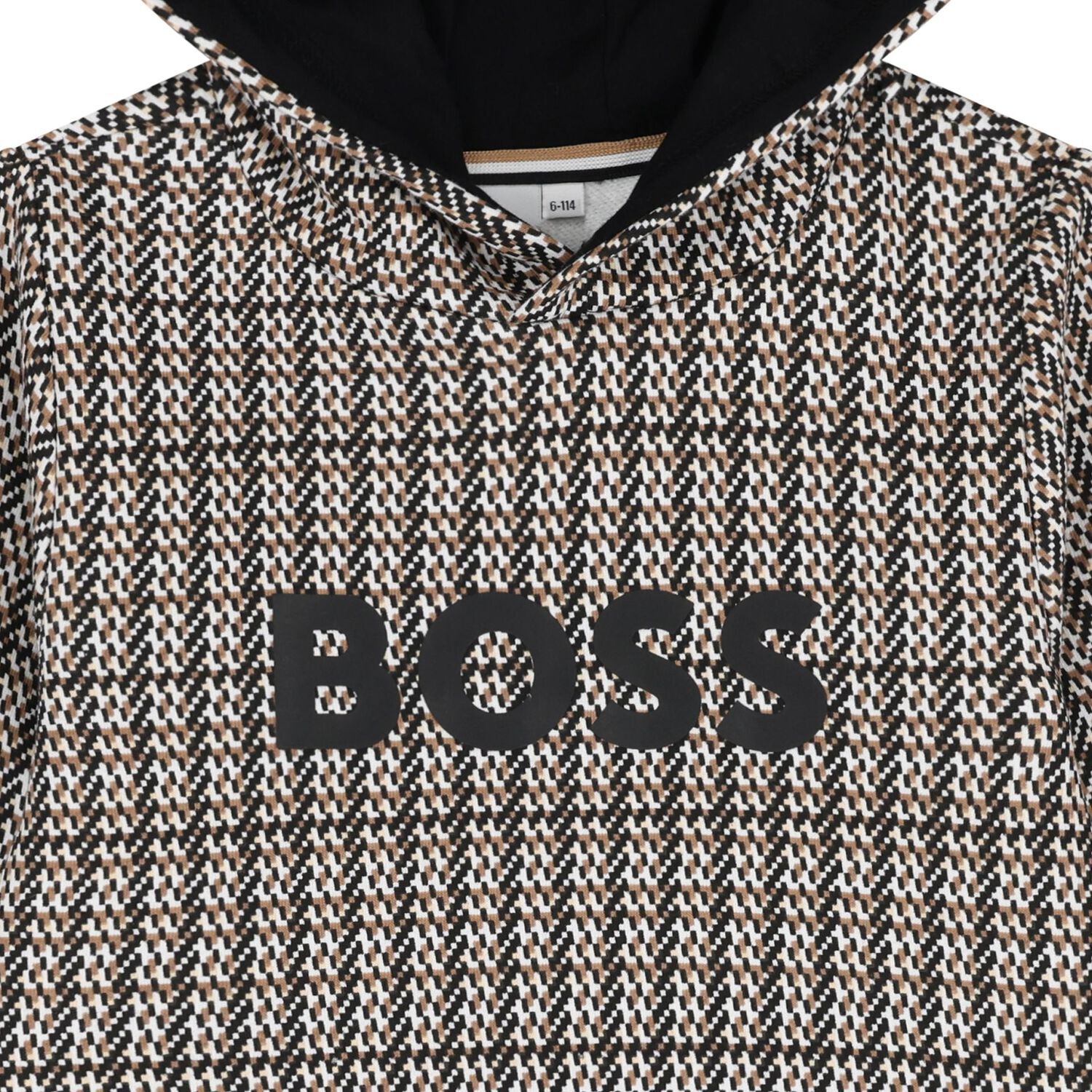 Boys Black, Beige & White Checked Logo Hooded Top, 1, hi-res