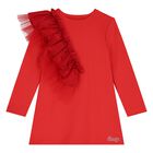 Girls Red Logo Ruffled Dress, 1, hi-res