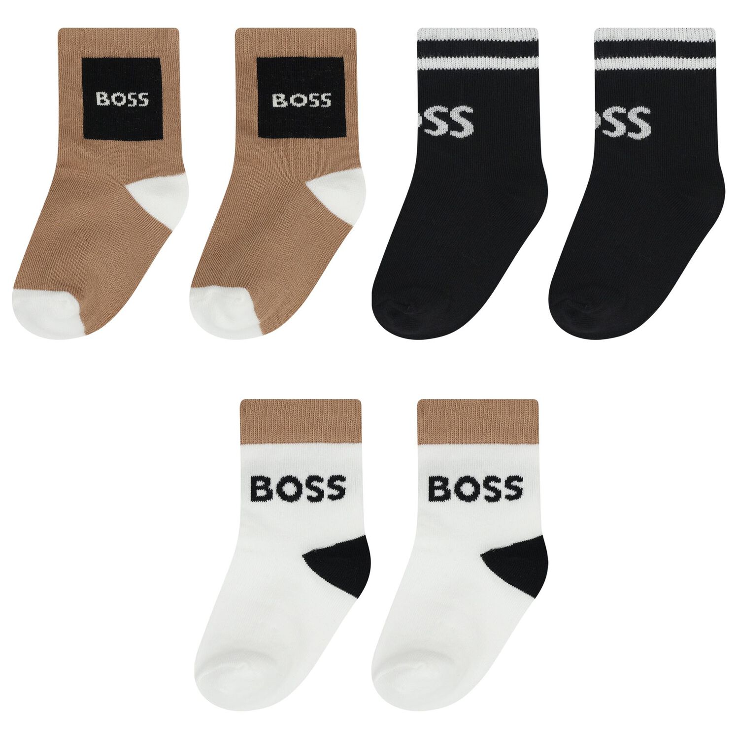 Baby Boys White, Black & Beige Logo Socks ( 3-Pack ) , 1, hi-res