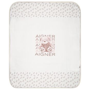 White & Beige Teddy Bear Logo Baby Blanket 