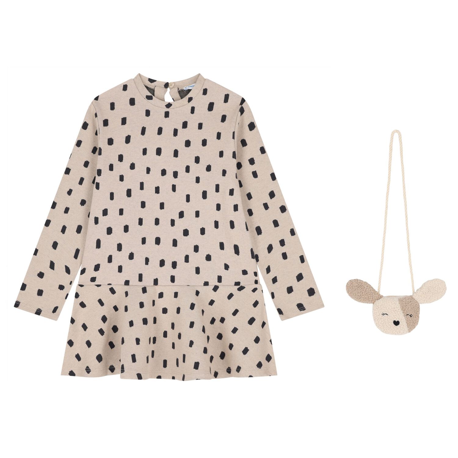 Girls Beige & Black Spot Dress Set, 2, hi-res