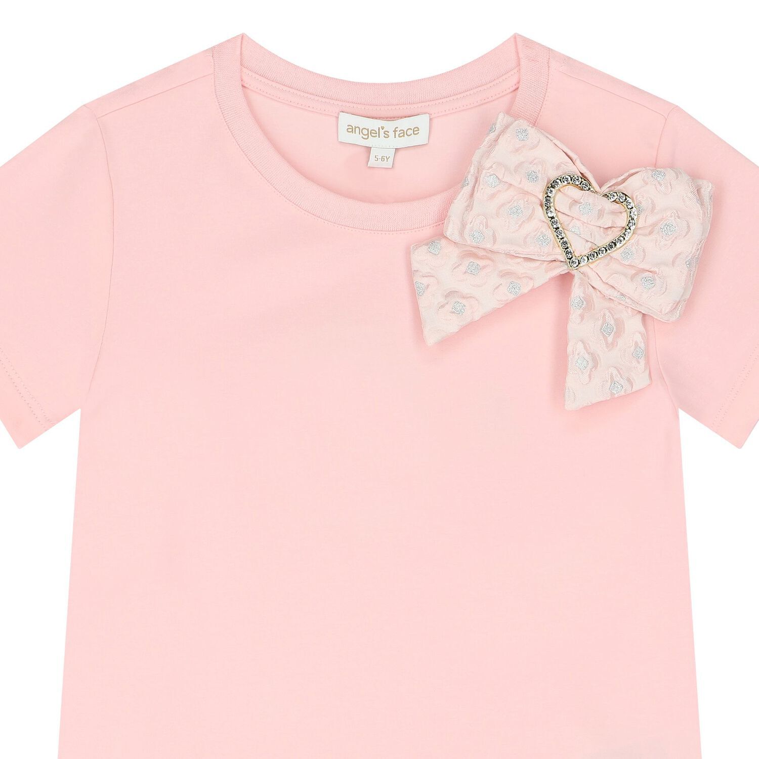 Girls Pink Jacquard Heart Bow T-Shirt, 3, hi-res