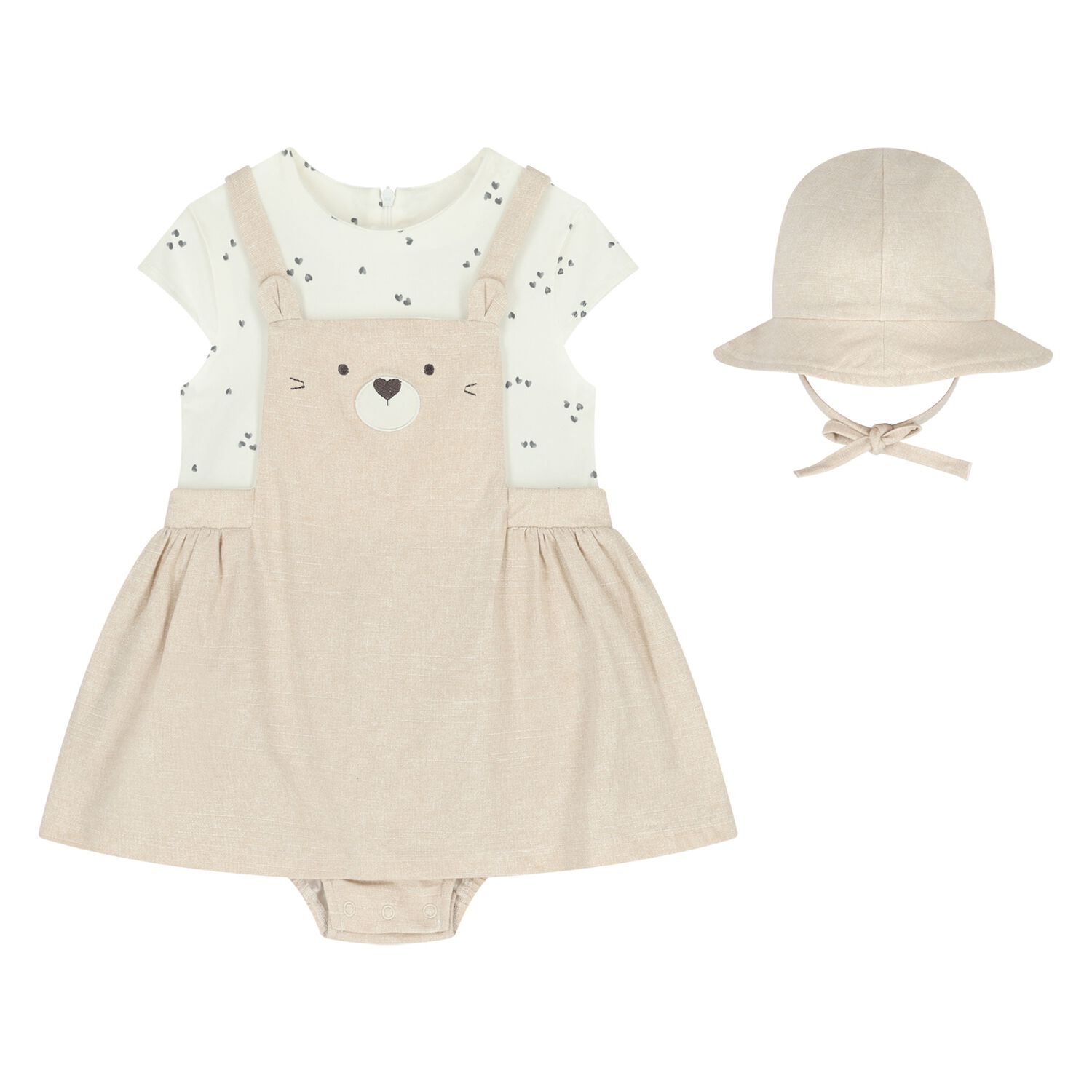 Baby Girls Beige & Ivory Teddy Bear Dungaree Dress Set, 1, hi-res