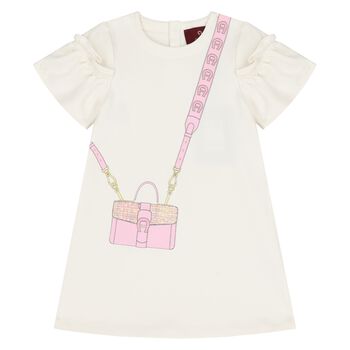 Younger Girls Ivory Bag Print Dress