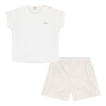 Baby White & Beige Barocco Shorts Set
