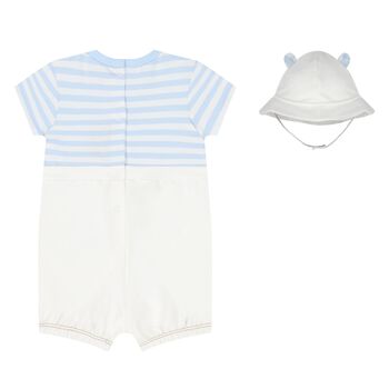 Baby Boys White & Blue Dungaree & Hat Set