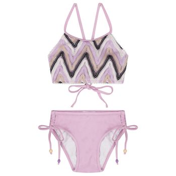 Girls Lilac, Black & Ivory Zig-Zag Crochet Bikini