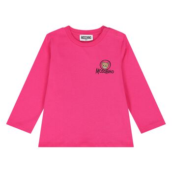 Younger Girls Pink Teddy Bear Logo Long Sleeve Top