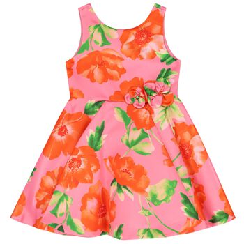 فستان بنات بطبعة الزهور باللون الوردي والبرتقالي
