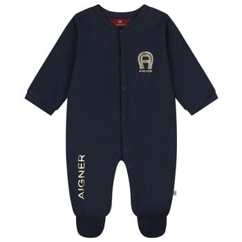 Baby Boys Navy Blue & Gold Logo Babygrow 