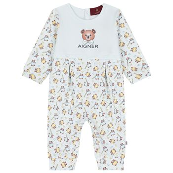 Baby Boys Blue Teddy Bear Logo Romper
