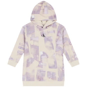 Girls Beige & Purple Logo Hooded Dress