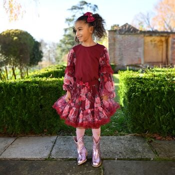 Girls Burgundy Floral Tulle Lila Long Sleeve Top