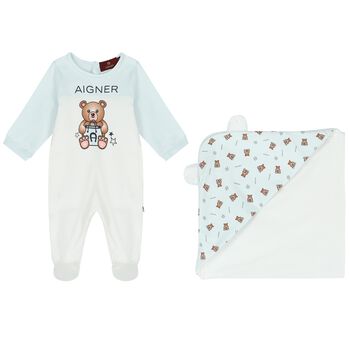 Baby Boys White & Blue Logo Babygrow Set