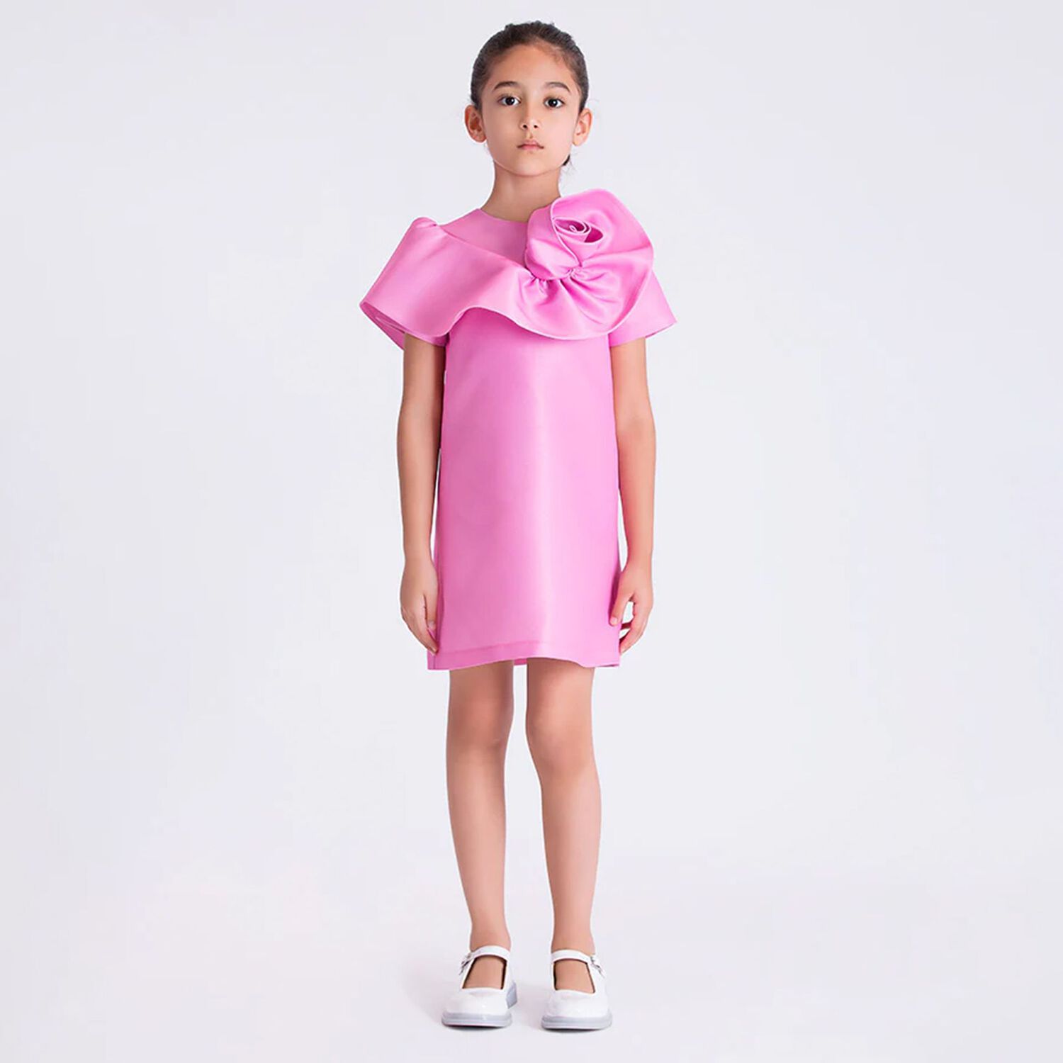 Girls Pink Flower Satin Dress, 1, hi-res