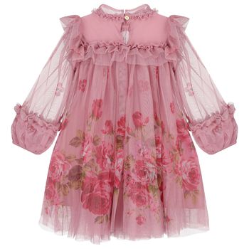 Girls Pink Floral Ruffled Tulle Dress