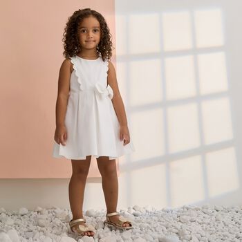 Girls White Scalloped Bow Dress
