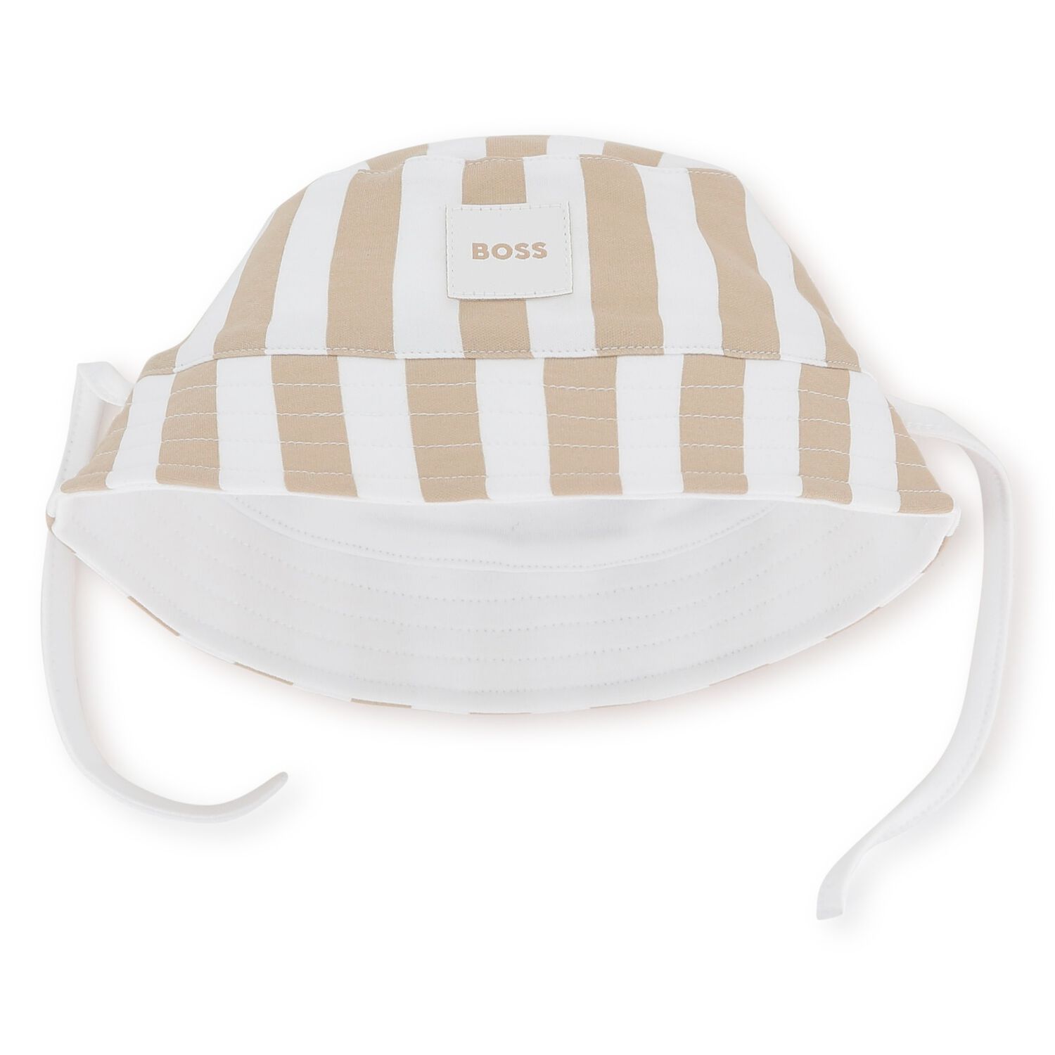 Baby Boys Beige & White Striped Logo Reversible Hat, 2, hi-res