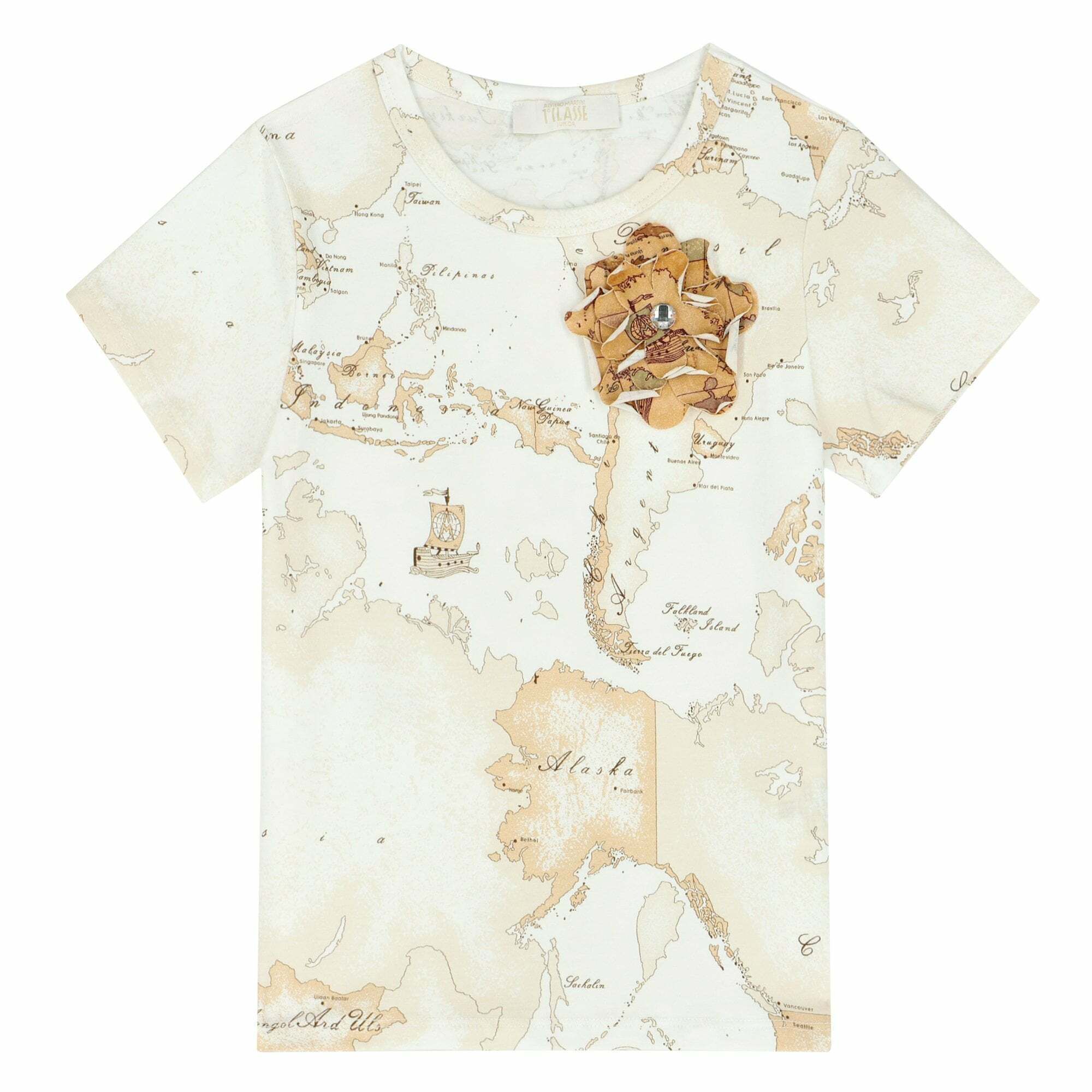 Alviero Martini Girls White Beige Geo Map T Shirt Junior