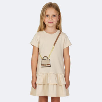 Girls Beige Faux Fur Bag Logo Dress
