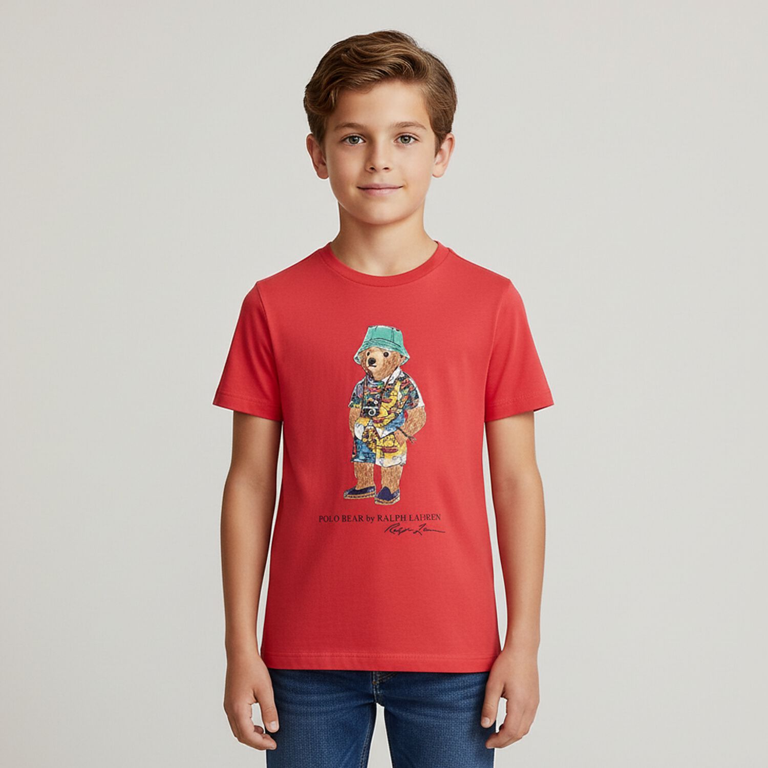 Boys Red Polo Bear Crew Neck T-Shirt, 1, hi-res image number null