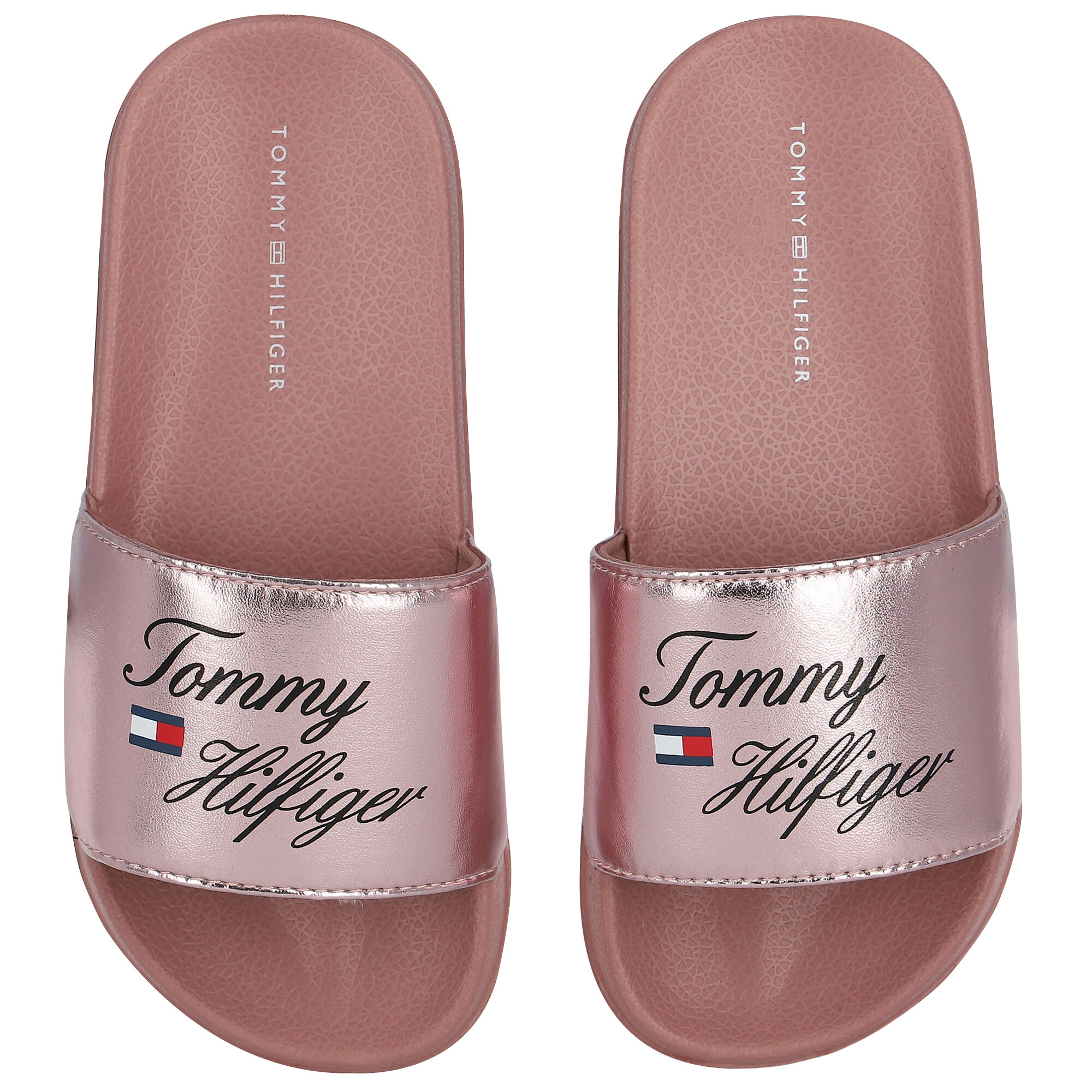 Tommy Hilfiger Girls Rose Gold Logo Sliders Junior Couture