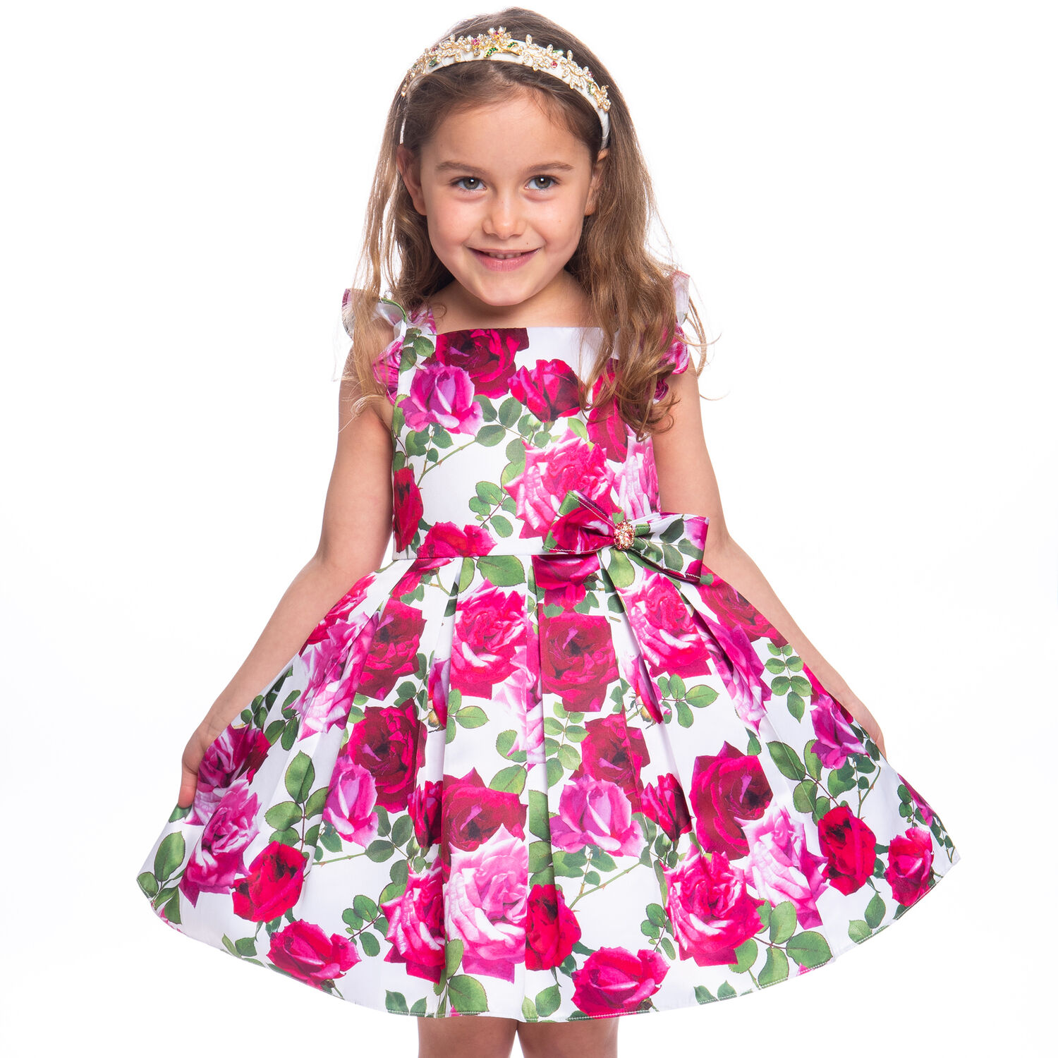 Girls White & Pink Rose Satin Dress, 1, hi-res image number null