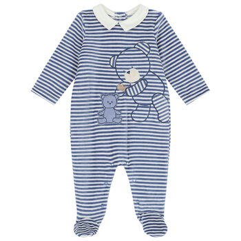 Baby Boys Navy & White Striped Velour Babygrow