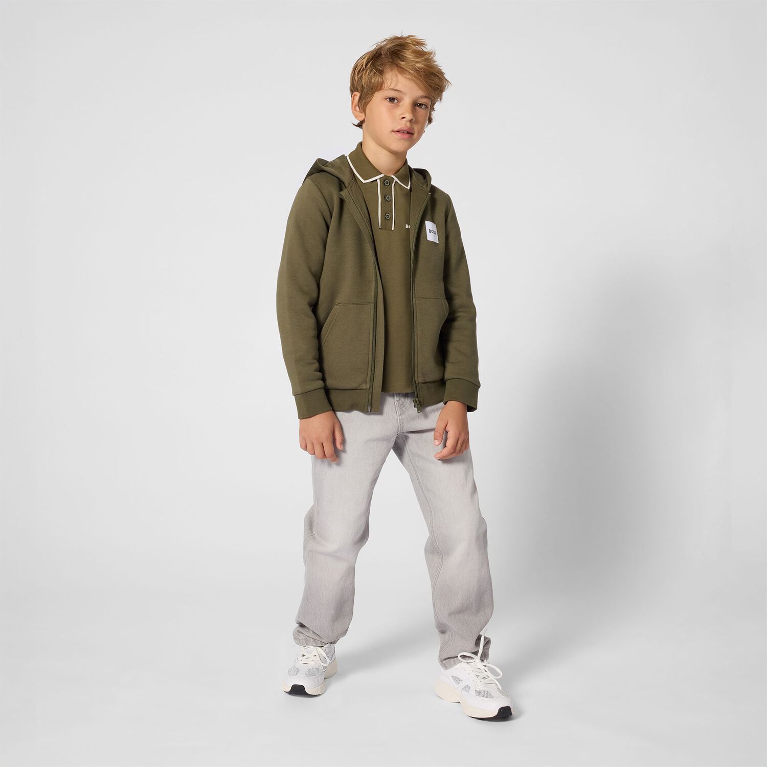 Boys Green Logo Hooded Zip Up Top, 1, hi-res