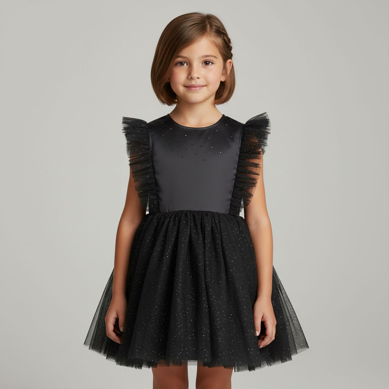 Girls Black Satin & Tulle Dress, 1, hi-res