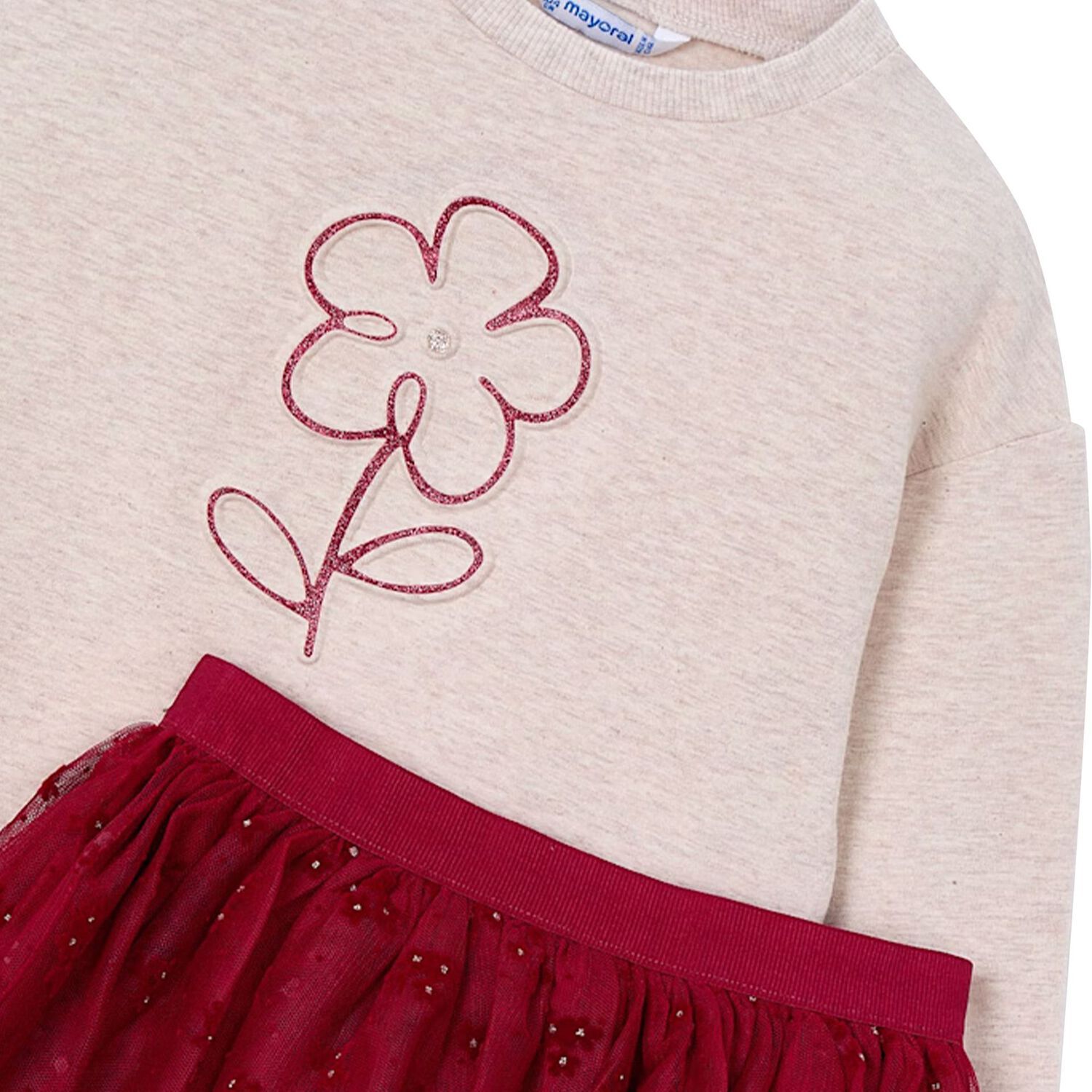 Girls Beige & Red Flower Skirt Set, 4, hi-res