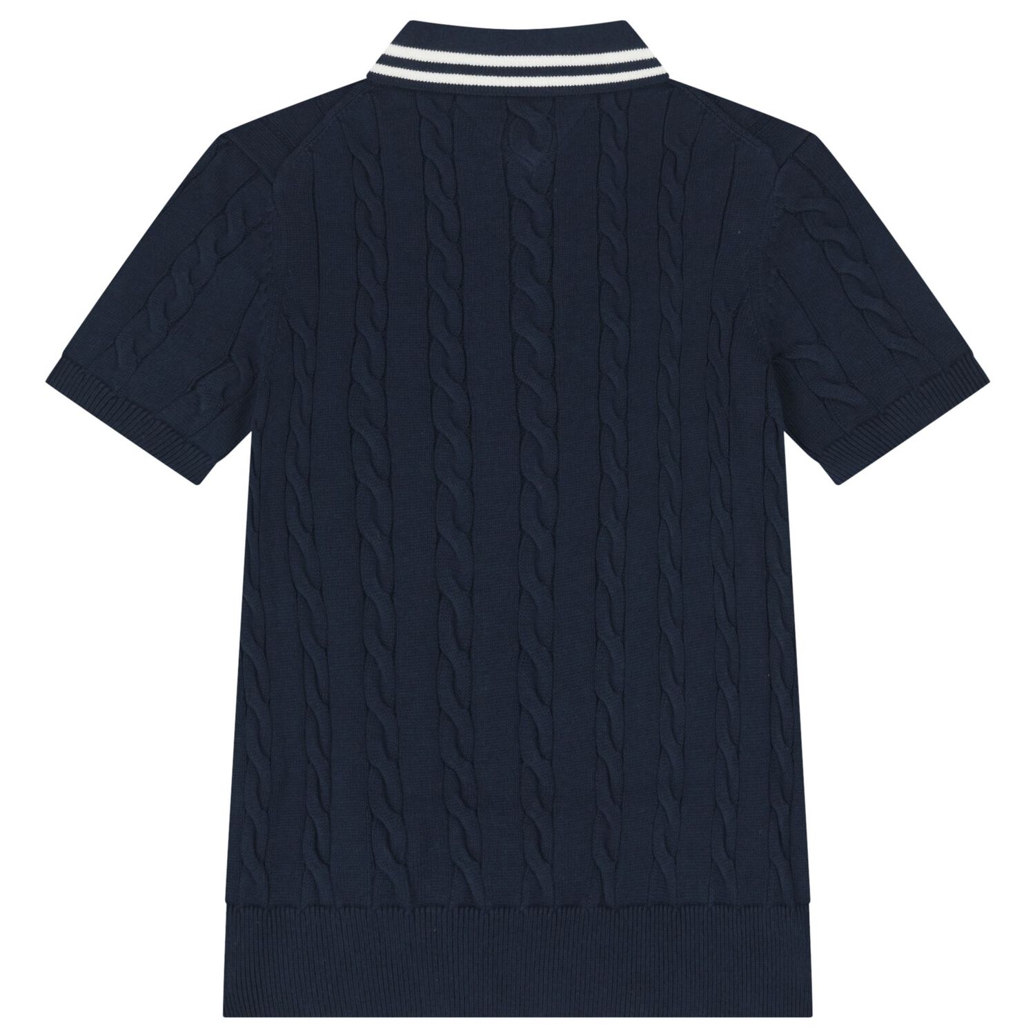 Boys Navy Blue Cable Knit Polo Shirt, 1, hi-res