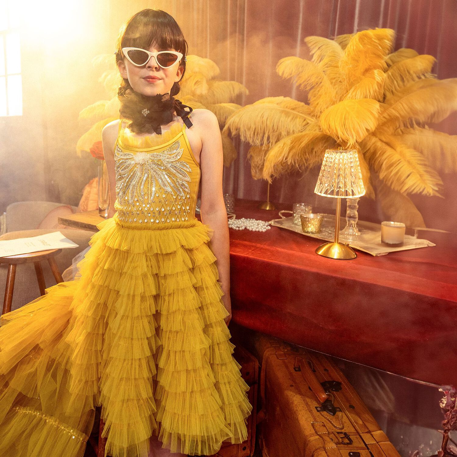 Girls Yellow Embellished Tutu Dress, 1, hi-res