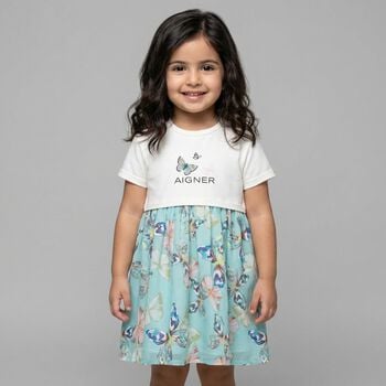Younger Girls Ivory & Blue Butterflies Logo Dress