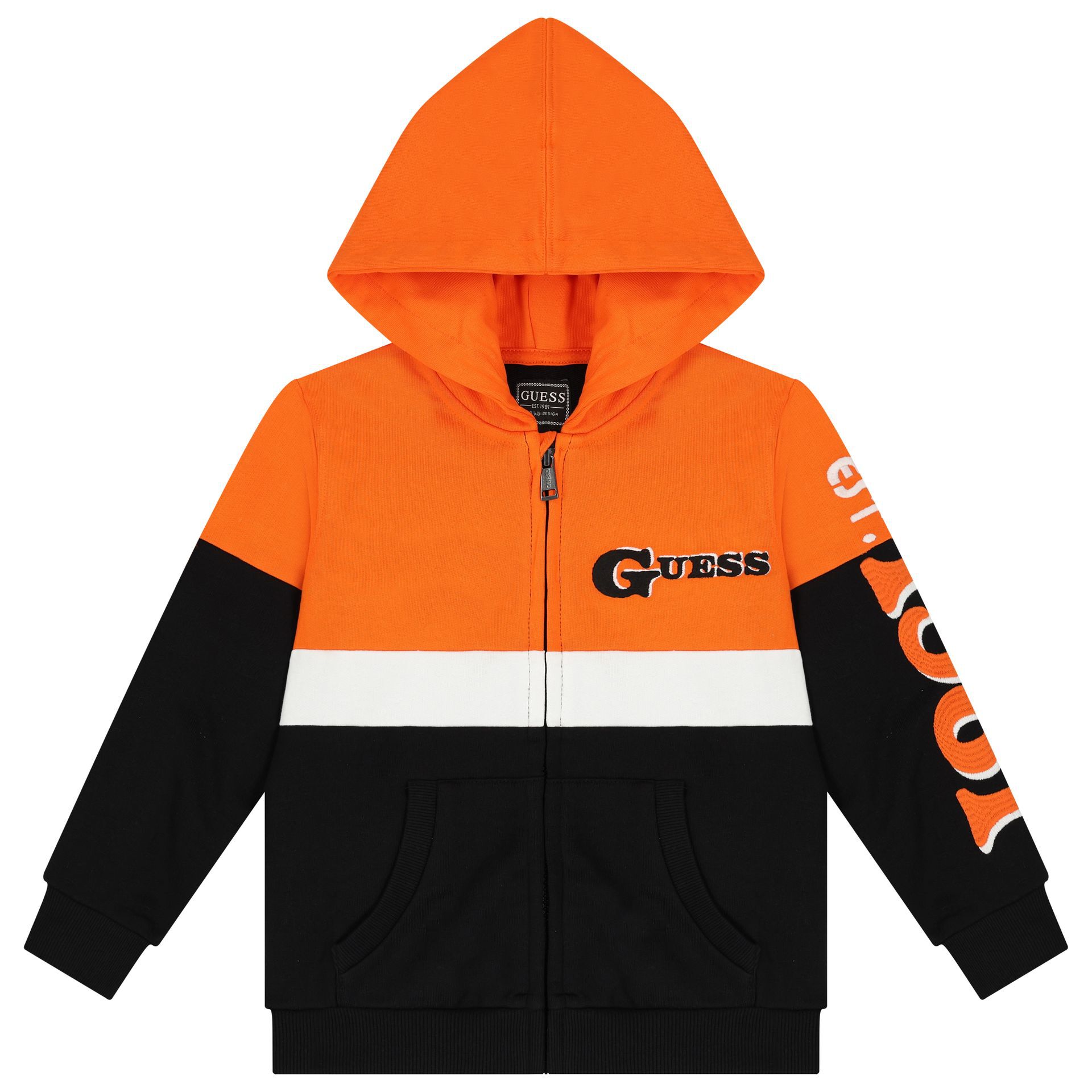 Guess Boys Orange & Black Logo Hooded Zip Up Top | Junior