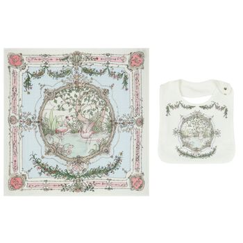 Ivory & Blue Tapestry Baby Swaddle & Bib Gift Set