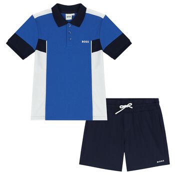 Boys Blue & Navy Blue Logo Shorts Set