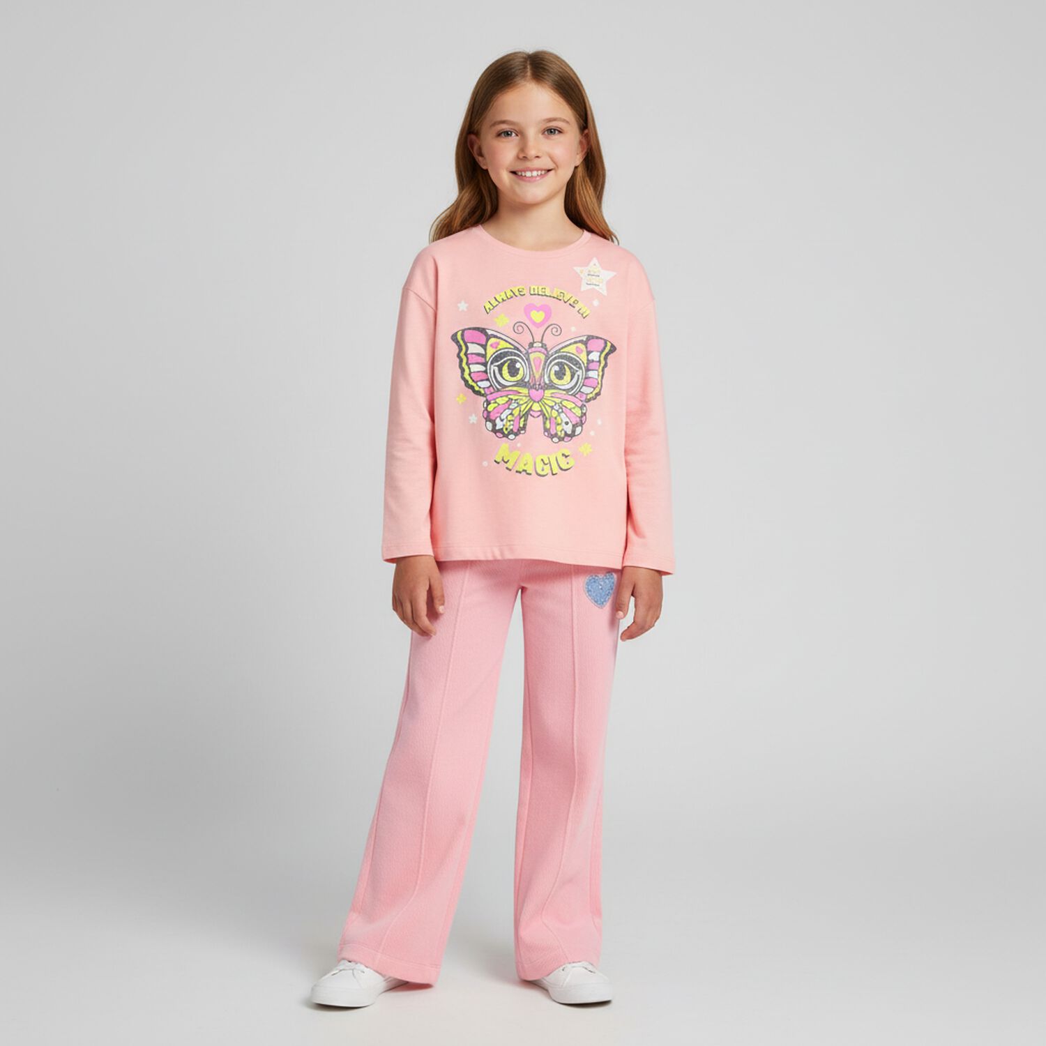 Girls Pink Butterfly Long Sleeve Top, 1, hi-res
