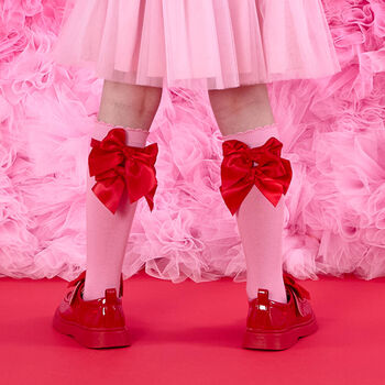 Girls Pink Satin Bow Knee High Socks