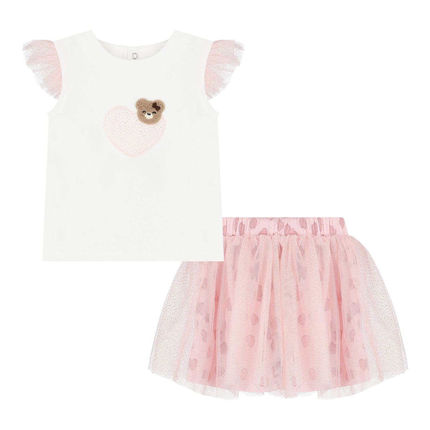 Baby Girls White & Pink Tulle Skirt Set, 2, hi-res