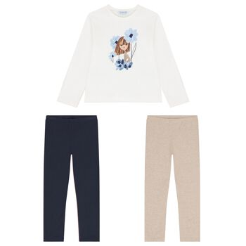 Girls Ivory, Navy Blue & Beige Leggings Set